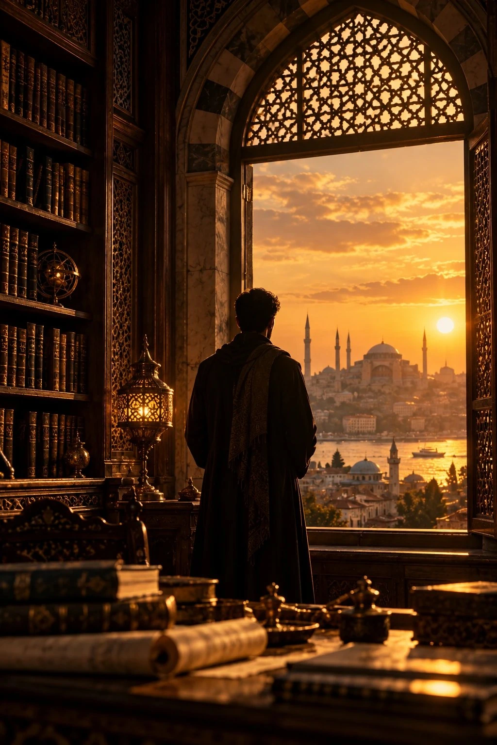 باحثٌ يطلّ من نافذة مكتبة على أفق إسطنبول عند الغروب